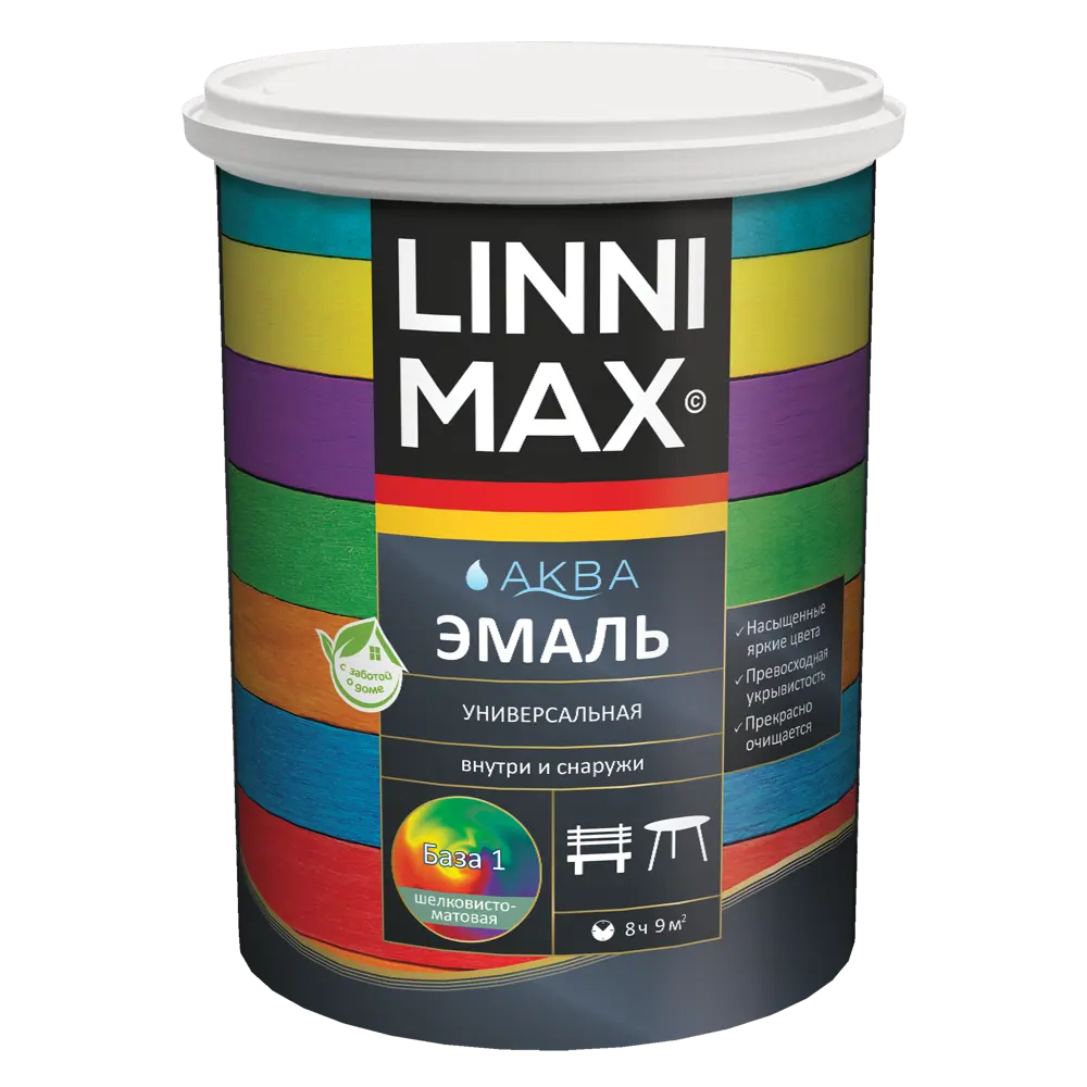 Эмаль универсальная LINNIMAX Аква шелковисто-матовая, белая база под колеровку 0.9 л 89379706 STLM-1441481