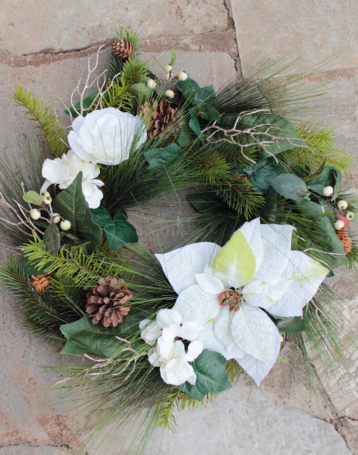 1455 778 a3 Искусственный венок 'пуансеттия / роза / гортензия / ель', Ø 50 см, бежево-белый H-andreas  - Вид №5