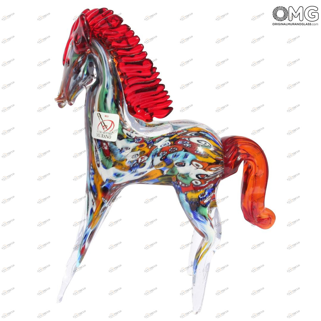 2288 ORIGINALMURANOGLASS Скульптура Конь с красной гривой миллефиори из муранского стекла 16 см 
