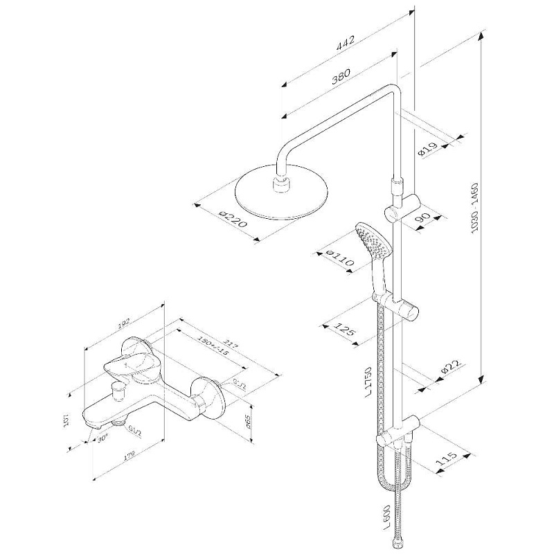 F40885C14 набор 2в1: см-ль д/ванны/душа верхний душ d 220 мм ручн.душ 110 мм 1 ф-ция душев AM.PM Sunny - Вид №13