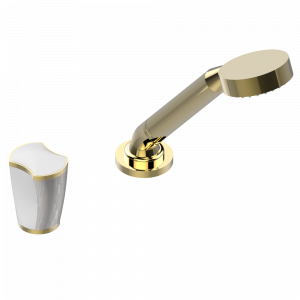 U2E-6532/60A Смеситель керамический устанавливаемый на борту с ручным душем с ручкой одновременной регулировки – потока/температуры Thg-paris Infini белый фарфор с платиновым декором Покрытие PVD золотистый цвет