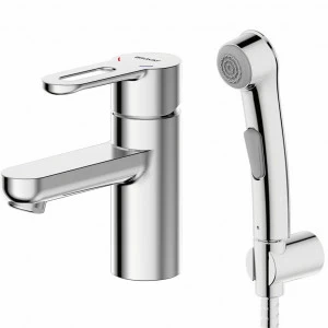 Смеситель для ванной комнаты на раковину низкий с гигиеническим душем STREAM-D F137163C-1 bravat