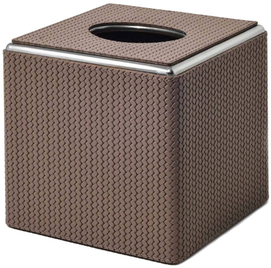 Квадратная коробка для салфеток - 14X14XH13,5 см / металлическая отделка_хром / плетеная кожа_светло-серый