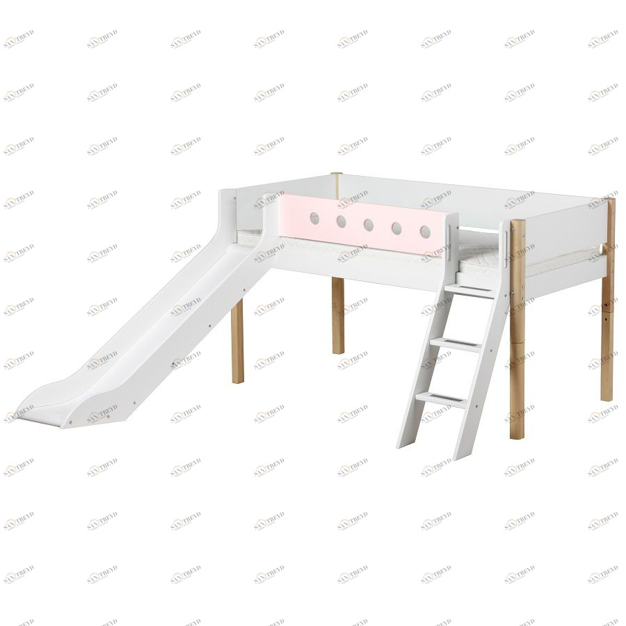 Кровать Flexa White с горкой и наклонной лестницей, 190 см, розовая лакированная 801731421