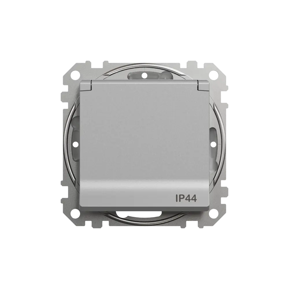 Розетка встраиваемая влагозащищенная Systeme Electric Sedna Design с крышкой IP44, цвет алюминий 84794305 STLM-2205704