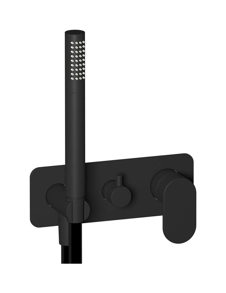 Внешние части встроенного в стену смесителя на 3 потребителя в комплекте с душевым гарнитуром. WE ARE IB sh060mb Matt Black YesPlease