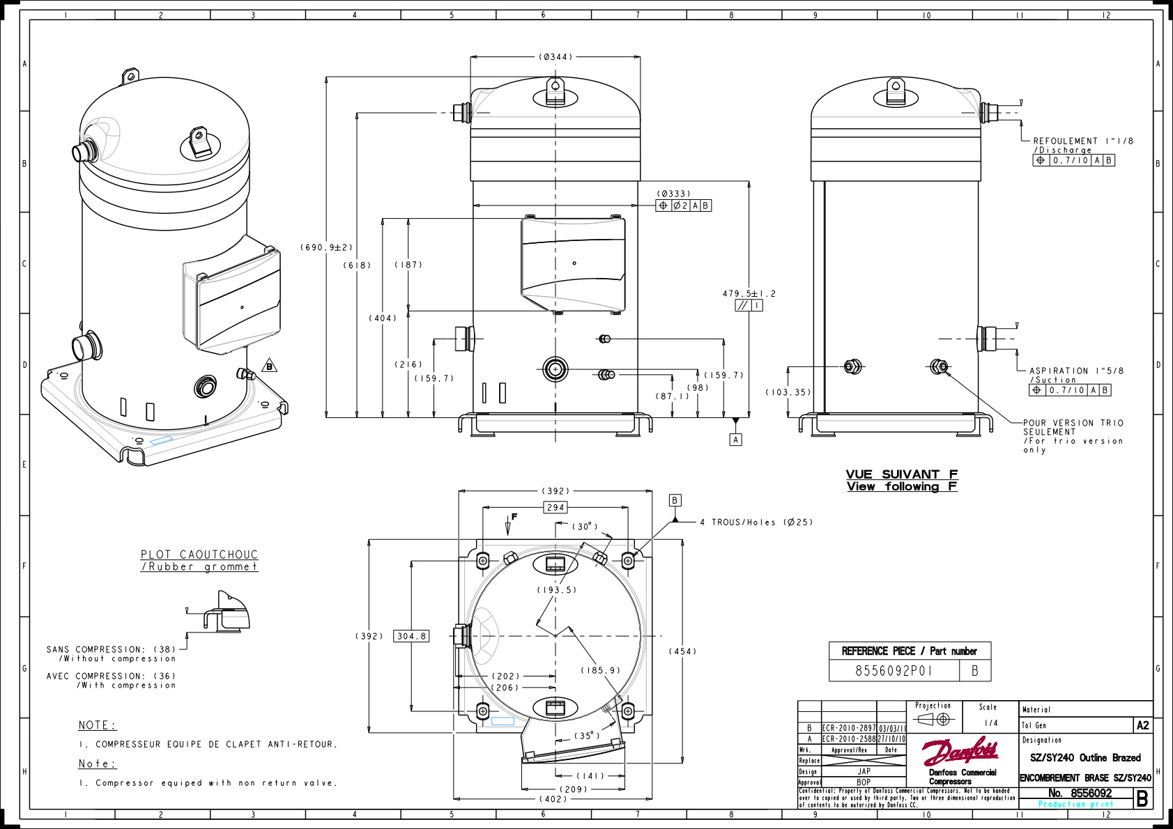 Danfoss SY — Герметичные спиральные компрессоры, R22, R134a, R407C SY240A4PBM Компрессор спиральный SY240A4PBM  - Вид №11