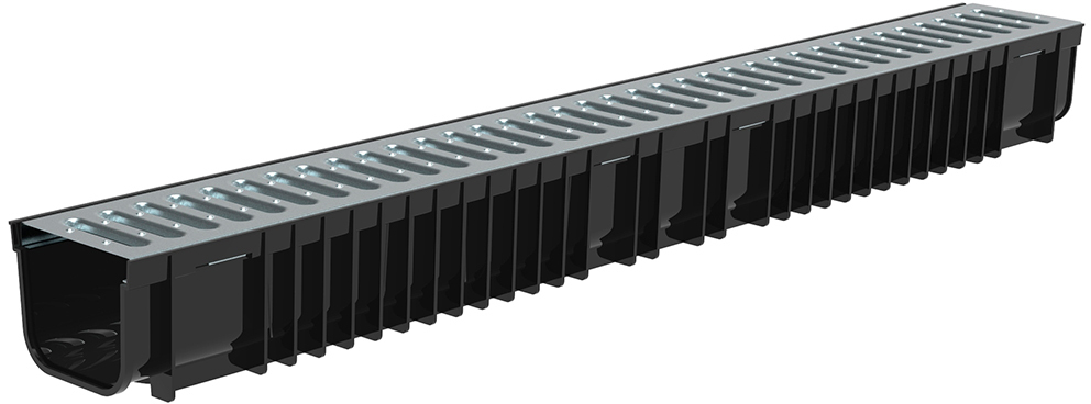 P1010S Лоток пластиковый SteePlain DN100 H100 со стальной решеткой ГеоПластБорд