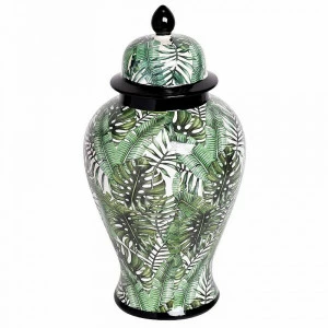 Ваза керамическая с крышкой бело-зеленая 33х20 см "Листья" GARDA DECOR ДИЗАЙНЕРСКИЕ 266916 Зеленый