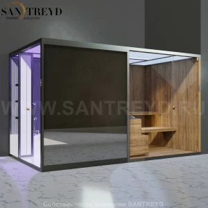 Effegibi BODYLOVE SH BL45240003 Боковая комбинированная баня: хаммам и сауна. Установка: в правый угол. Мощность: 15 кВт макс. Размеры: длина 393 см, ширина 176 см. Отделка: термообработанная древесина, трубчатое стекло и зеркало.