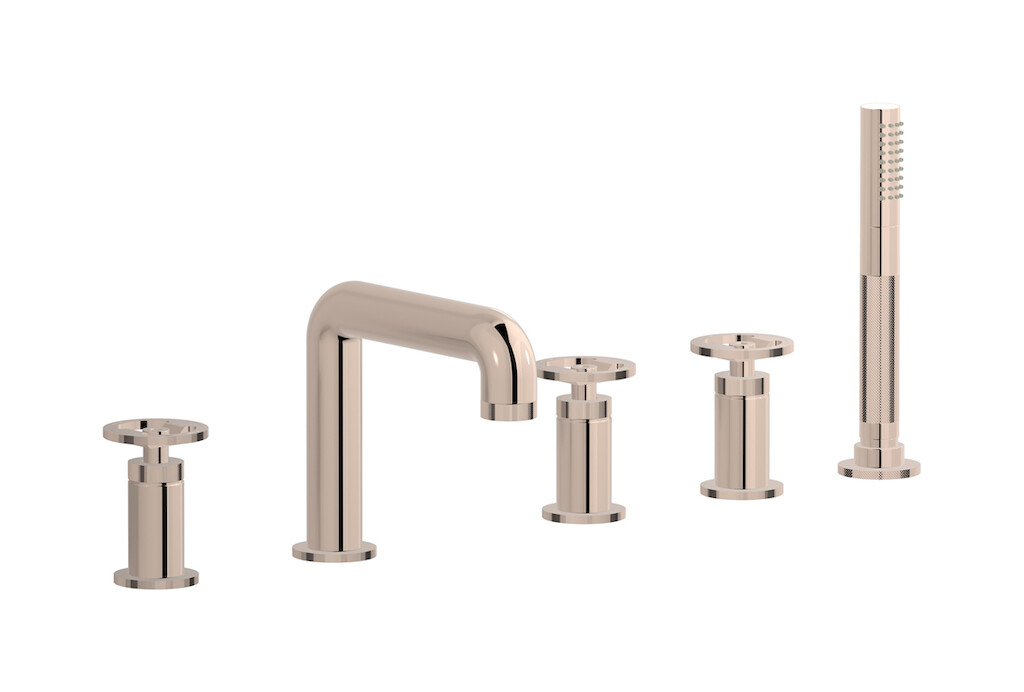 Смеситель на бортик ванной на 5 отверстий с дивертером и душевым гарнитуром. WE ARE IB b1396rs Rose Gold Bold