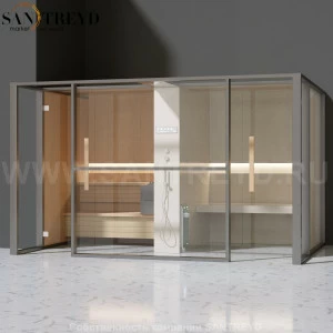 Effegibi LOGICAFILO LO11010010 Комбинированная баня: хаммам и сауна. Установка: в левый  полуугол. Мощность: 10,5 кВт макс. Размеры: длина 373 см, ширина 250 см. Отделка: канадский хемлок, матовый лакированный серый аллюминий и бежевый ламинат из керамогр