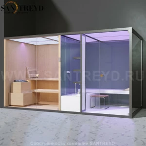 Effegibi BODYLOVE SH BL40130005 Фронтальная комбинированная баня: хаммам и сауна. Установка: в левый угол. Мощность: 15 кВт макс. Размеры: длина 393 см, ширина 176 см. Отделка: канадский хемлок, гладкое стекло и зеркало.