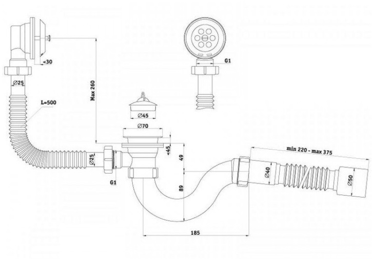 Сифон АНИ для ванны с выпуском 1 1/2", с переливом, с гибкой трубой 40 VV E155 АНИ пласт 7187 - Вид №1