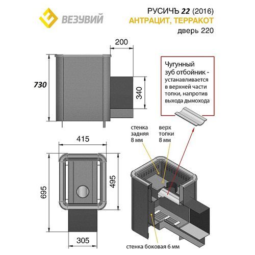 Банная печь на дровах Везувий Русичъ Антрацит 22 (220) 2016 3634 - Вид №1