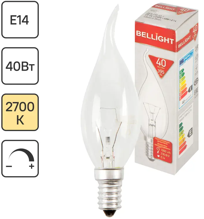 Лампа Bellight E14 свеча накаливания 40Вт теплый свет 15062423