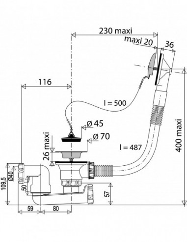 551200 000 00  Ручное опорожнение ванны с помощью пробки и цепи, Д. 70 мм, нержавеющая сталь и черная пробка Valentin Хром  - Вид №2