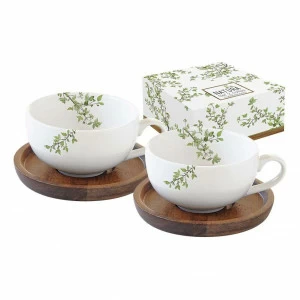 Кофейные чашки фарфоровые с подставками из акации 2 шт белые "Натура" EASY LIFE НАТУРА 00-3946815 Белый;коричневый