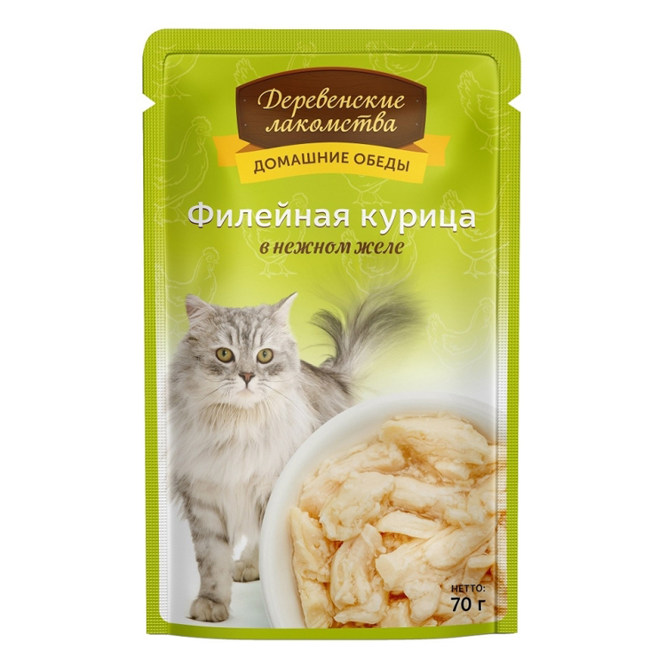 ПР0046896 Корм для кошек Филейная курица в нежном желе пауч 70г ДЕРЕВЕНСКИЕ ЛАКОМСТВА 