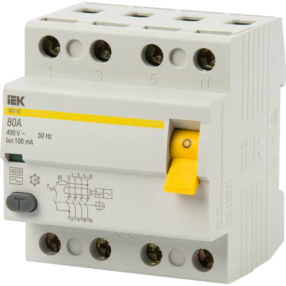 УЗО IEK ВД1-63 4P 80А для трёхфазной сети 400В 82941109