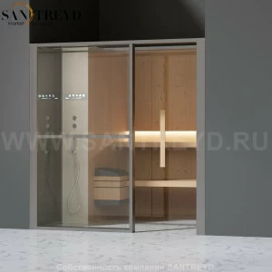 Effegibi LOGICAFILO S LO21010010 Сауна. Установка: в нишу. Левая дверь. Мощность: 6 кВт макс. Размеры: длина 214 см, ширина 250 см. Отделка: канадский хемлок, матовый лакированный серый аллюминий и бежевый ламинат из керамогранита.