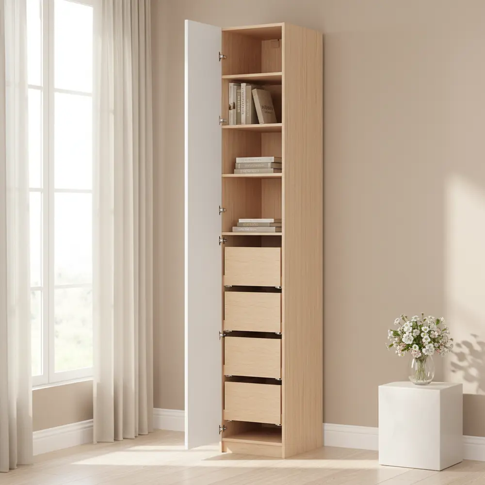 Шкаф распашной Реймс белый с  4 полками и 4 ящиками 40х232,2х54,5 ЛДСП каркас дуб комано Santreyd Лион STLM-2171617 - Вид №1