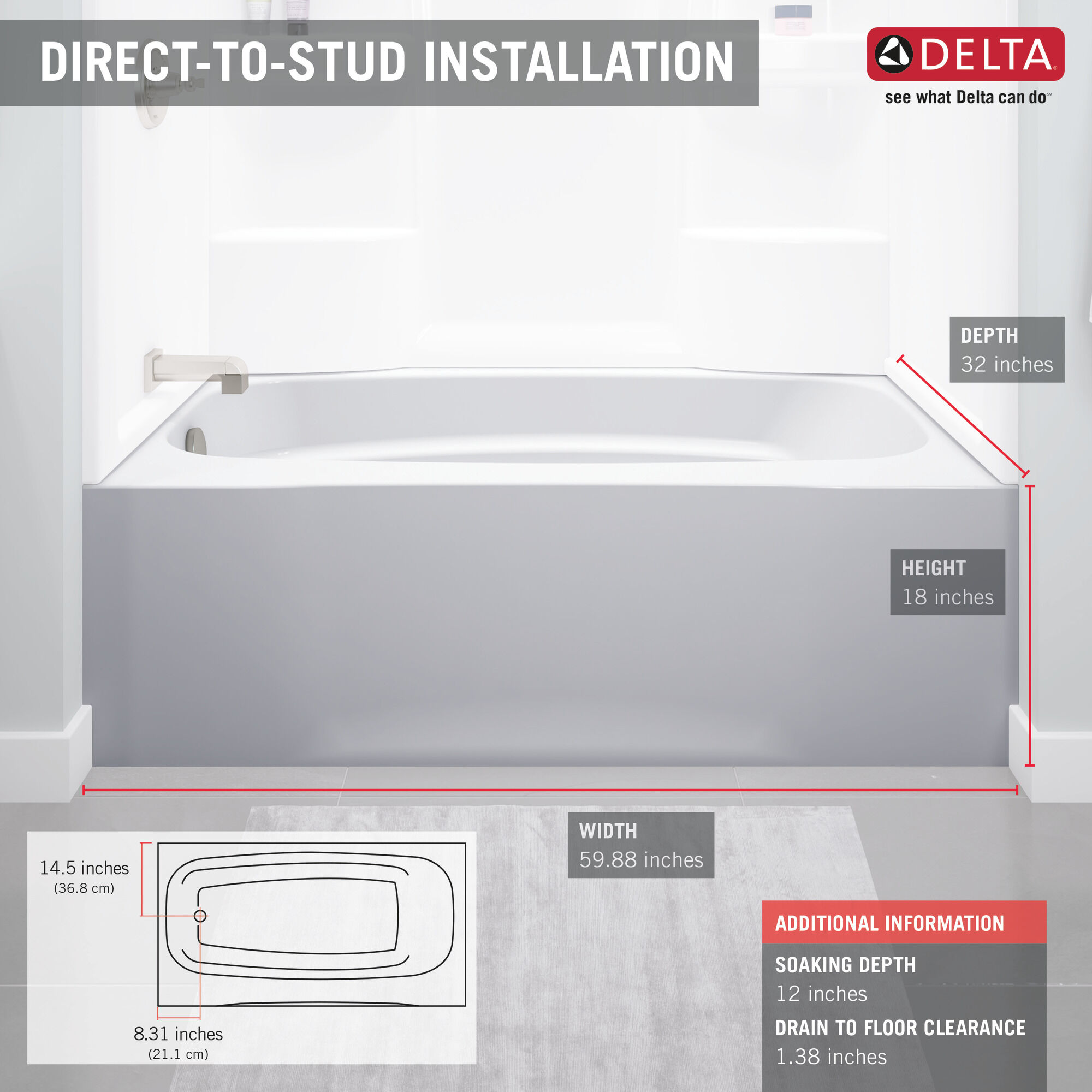ProCrylic 60 дюймов x 32 дюйма Левая ванна Delta Faucet B10513-6032L-WH - Вид №3