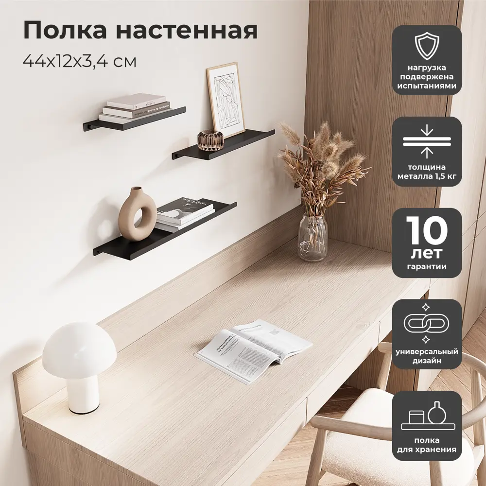Полка настенная 44x12 см со скрытым креплением металл цвет черный 89390780 STLM-2212264 Santreyd  - Вид №10