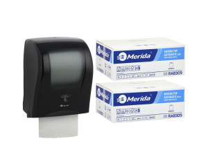 PROMO65 ОДИН черный автоматический бесконтактный диспенсер для полотенец за 200 злотых нетто при покупке 2 коробок полотенец TOP AUTOMATIC RAB309 (12 x 140 м = 1680 м, до 8184 листов) Merida