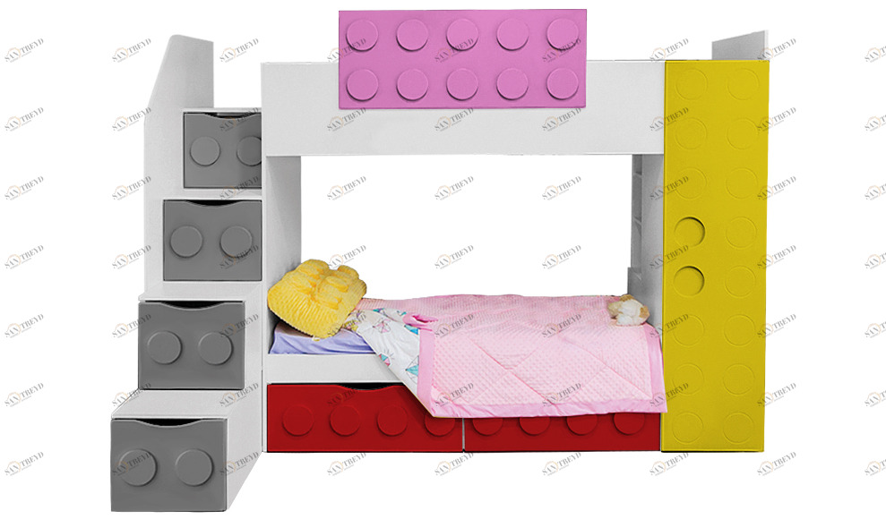 Кровать детская двухъярусная с 2 ящиками левая "Леголенд" МАНДАРИН ЛЕГОЛЕНД 178713 Разноцветный;белый;розовый Santreyd 