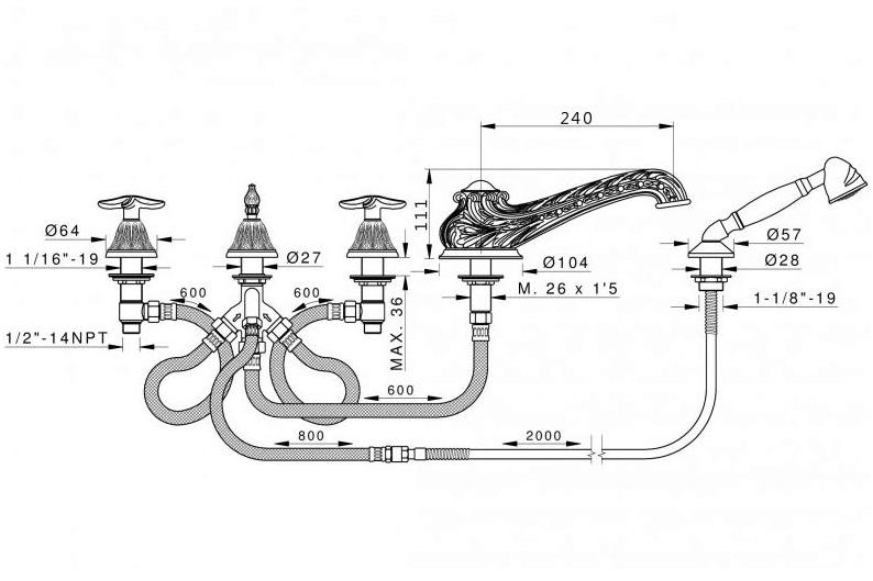 Bronces Mestre Смеситель для ванны на 5 отверстий с отдельными розетками Versailles 230716.b040.50 - Вид №1