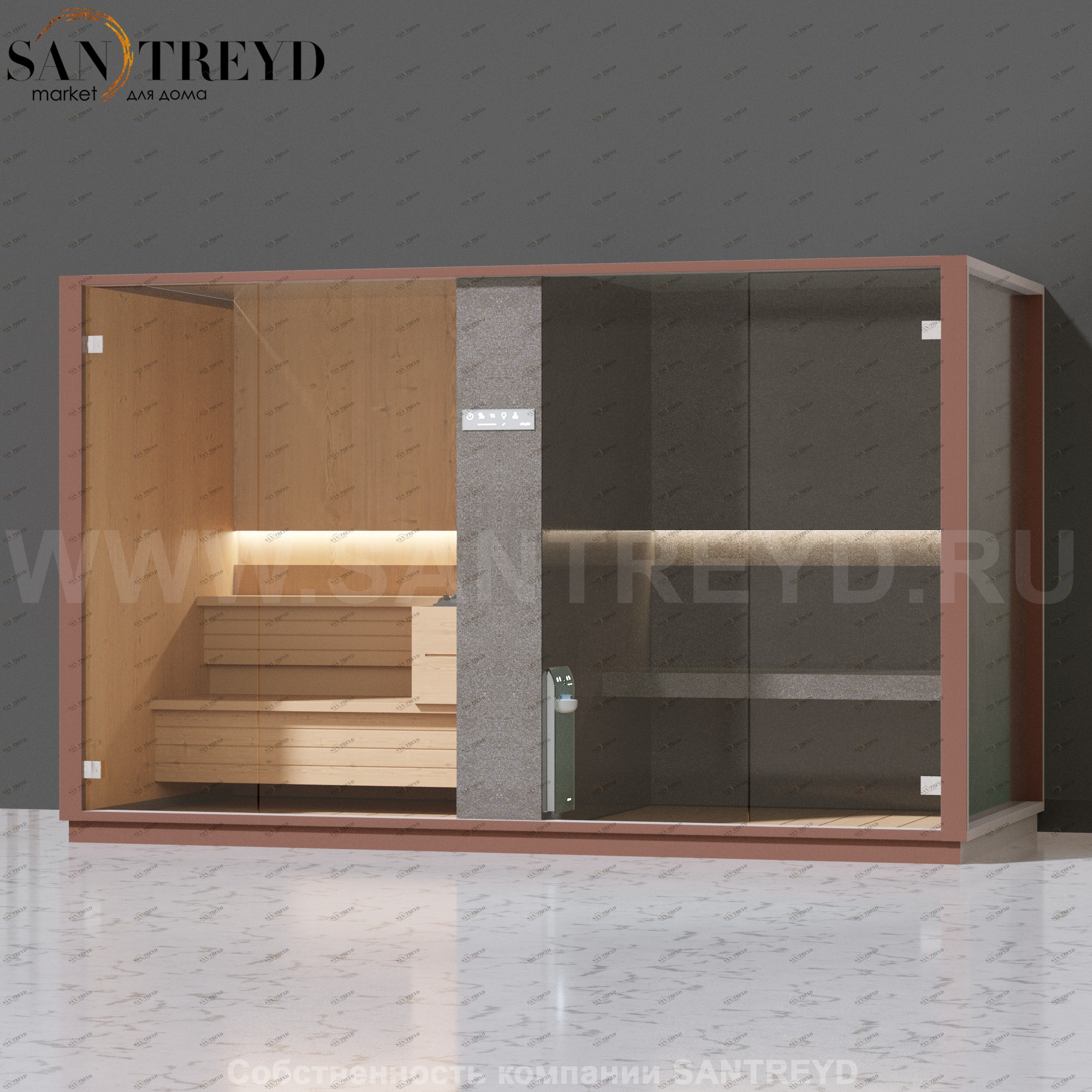 Effegibi LOGICA SH LO40030001 Комбинированная баня: хаммам и сауна. Установка: к стене. Мощность: 10,5 кВт макс. Размеры: длина 373 см, ширина 171 см. Отделка: канадский хемлок, матовый лакированный коричневый аллюминий и темный ламинат из керамогранита.