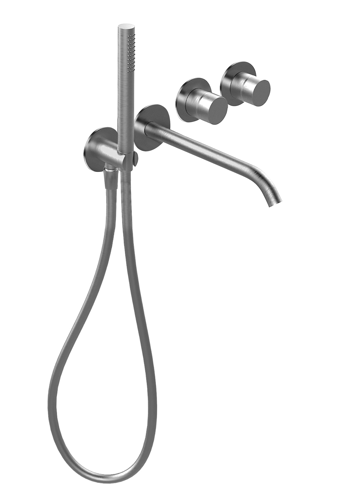 Y121B+R021A  Встраиваемый смеситель для ваннывылет 20 см ручка переключатель на 2 потока с поворотной кнопкой ручная лейка FIT шланговое подсоединение с держателем для ручной лейки гибкий шланг 150 см ПВХ впуски 1/2'' Fantini Rubinetti AA/27 НЕРЖАВЕЮЩАЯ С 