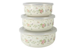 Миски эмалированные с крышками 3 шт белые "Воспоминание" EJIRY ЦВЕТЫ 00-3973430 Бежевый