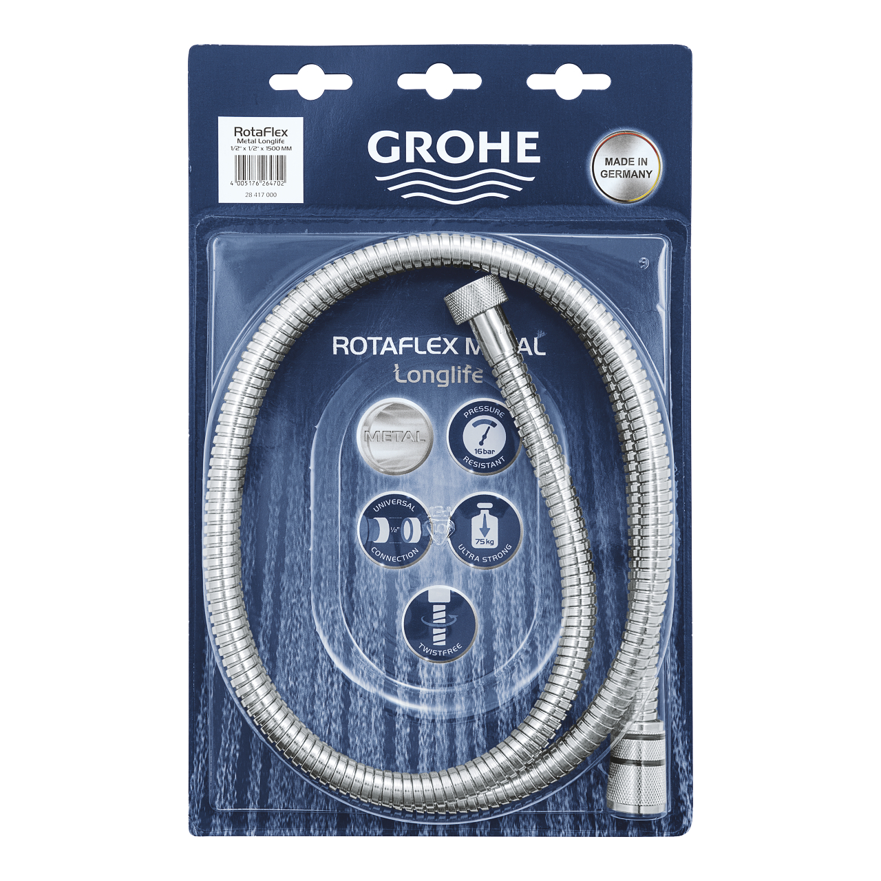 Душевой шланг GROHE Rotaflex металлический, 1500 мм, хром (28417000) - Вид №1