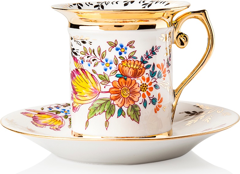 10617331 Мануфактуры Гарднеръ в Вербилках Чашка кофейная с блюдцем "Гарднеровская" "Ирис и герберы" Фарфор, Керамика 