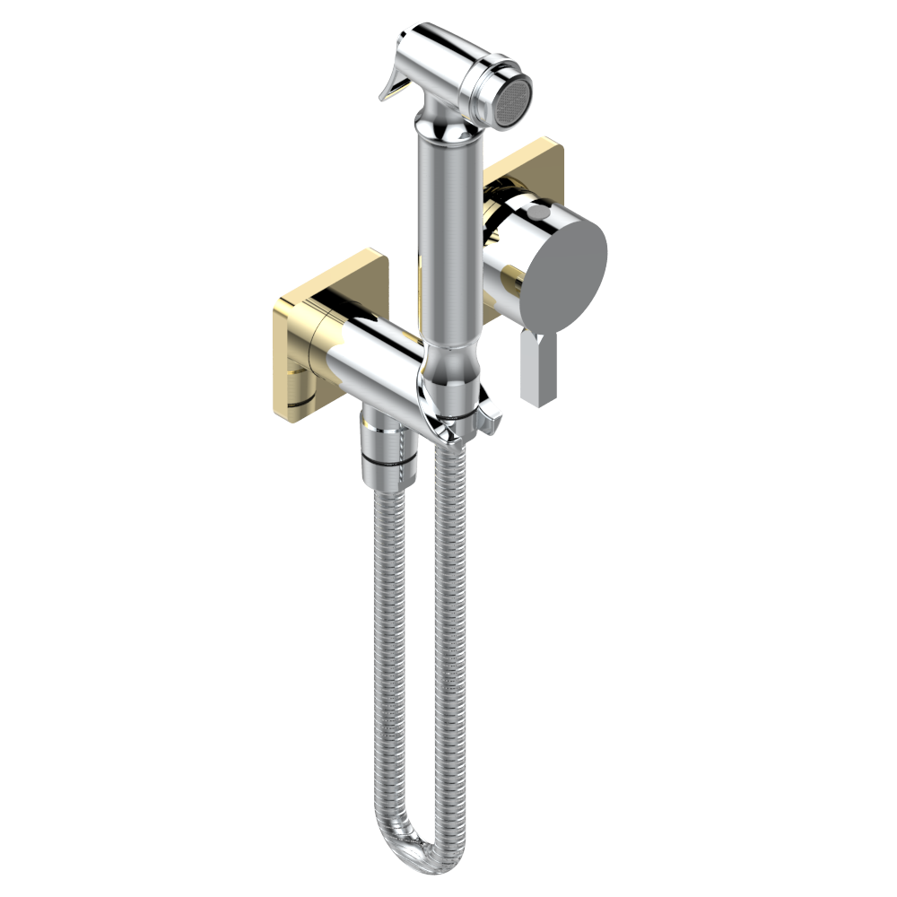 G1U-5840/MBG Комплект для душа, включающий смеситель, армированный шланг 1 м 25 см, ручной душ с курковым распылителем, выход из стены и предохранительный запорный клапан Thg-paris Beluga с рукоятками Хром/золото G1U 5840/MBG CAT.A