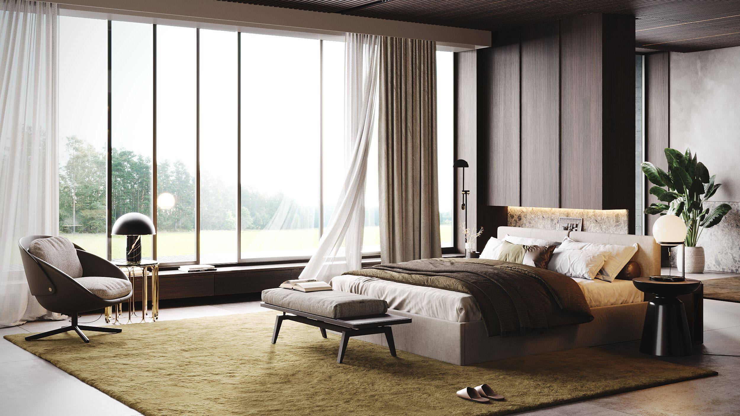 Двуспальная кровать из ткани с мягким изголовьем и встроенными тумбочками Laskasas Origin ARCH-00106710 - Вид №3