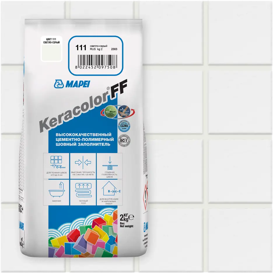 Затирка цементная MAPEI Keracolor FF для плитки и мозаики, светло-серый 2 кг 81981432