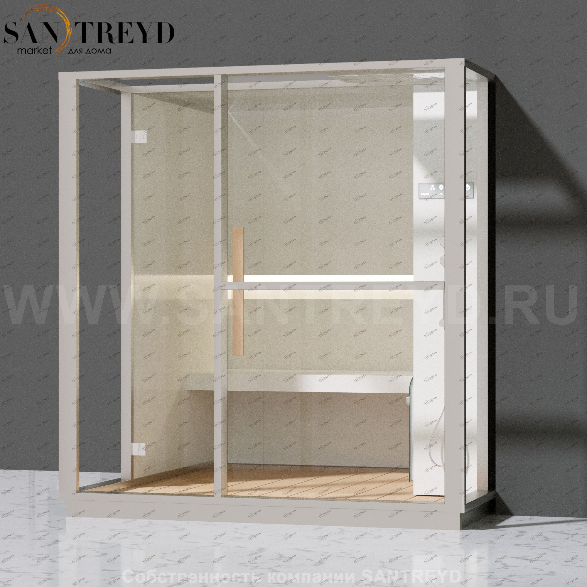 Effegibi LOGICA H LO30020015 Хаммам. Установка: в правый  полуугол. Правая дверь. Мощность: 4,5 кВт макс. Размеры: длина 214 см, ширина 250 см. Отделка: матовый лакированный белый аллюминий и серый ламинат из керамогранита.