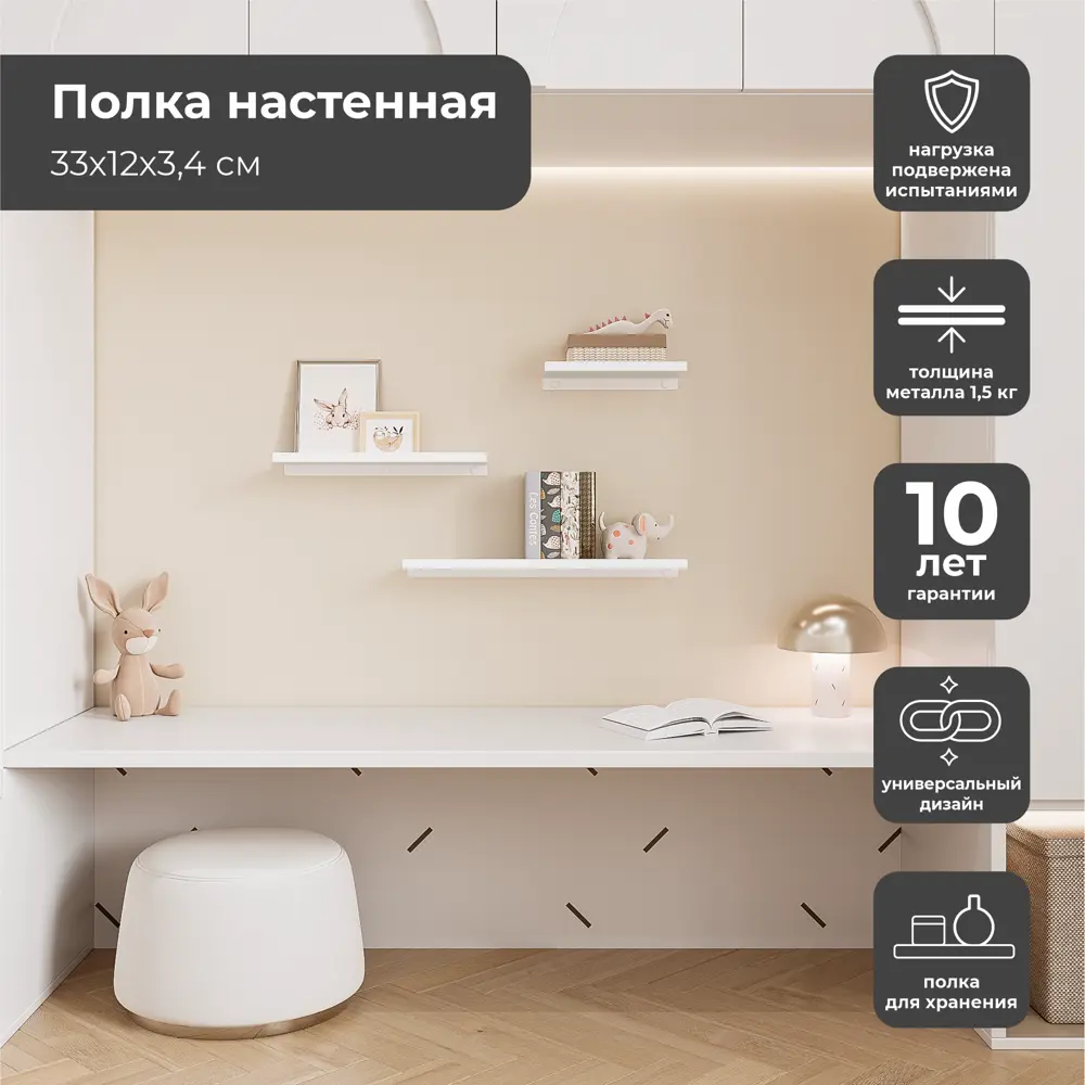 Полка настенная 33x12 см со скрытым креплением металл цвет белый 89390782 STLM-2032293 Santreyd  - Вид №9
