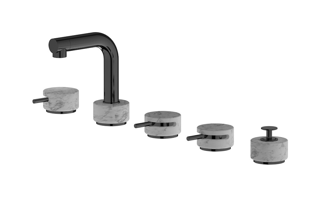 Смеситель на бортик ванной на 5 отверстий с дивертером и душевым гарнитуром. WE ARE IB mm396cf_1 Black Chrome Marmo