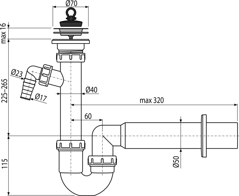 Сифон трубчатый с нержавеющей peшeткой DN70 и штуцером ALCAPLAST A810DN50 - Вид №1
