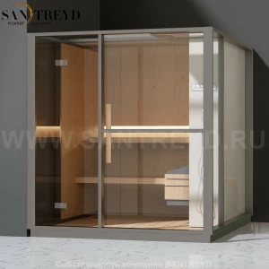 Effegibi LOGICA S LO20010005 Сауна. Установка: в левый угол. Правая дверь. Мощность: 6 кВт макс. Размеры: длина 214 см, ширина 250 см. Отделка: канадский хемлок, матовый лакированный серый аллюминий и бежевый ламинат из керамогранита.