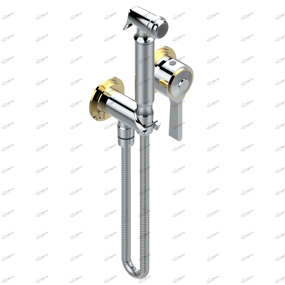 G2T-5840/MBG Комплект для душа, включающий смеситель, армированный шланг 1 м 25 см, ручной душ с курковым распылителем, выход из стены и предохранительный запорный клапан Thg-paris Faubourg metal Хром/золото G2T 5840/MBG CAT.A