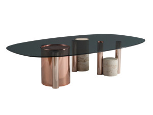 Низкий овальный журнальный столик из стали и стекла