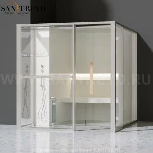 Effegibi LOGICAFILO H LO31020014 Хаммам. Установка: в левый  полуугол. Левая дверь. Мощность: 4,5 кВт макс. Размеры: длина 214 см, ширина 250 см. Отделка: матовый лакированный белый аллюминий и серый ламинат из керамогранита.