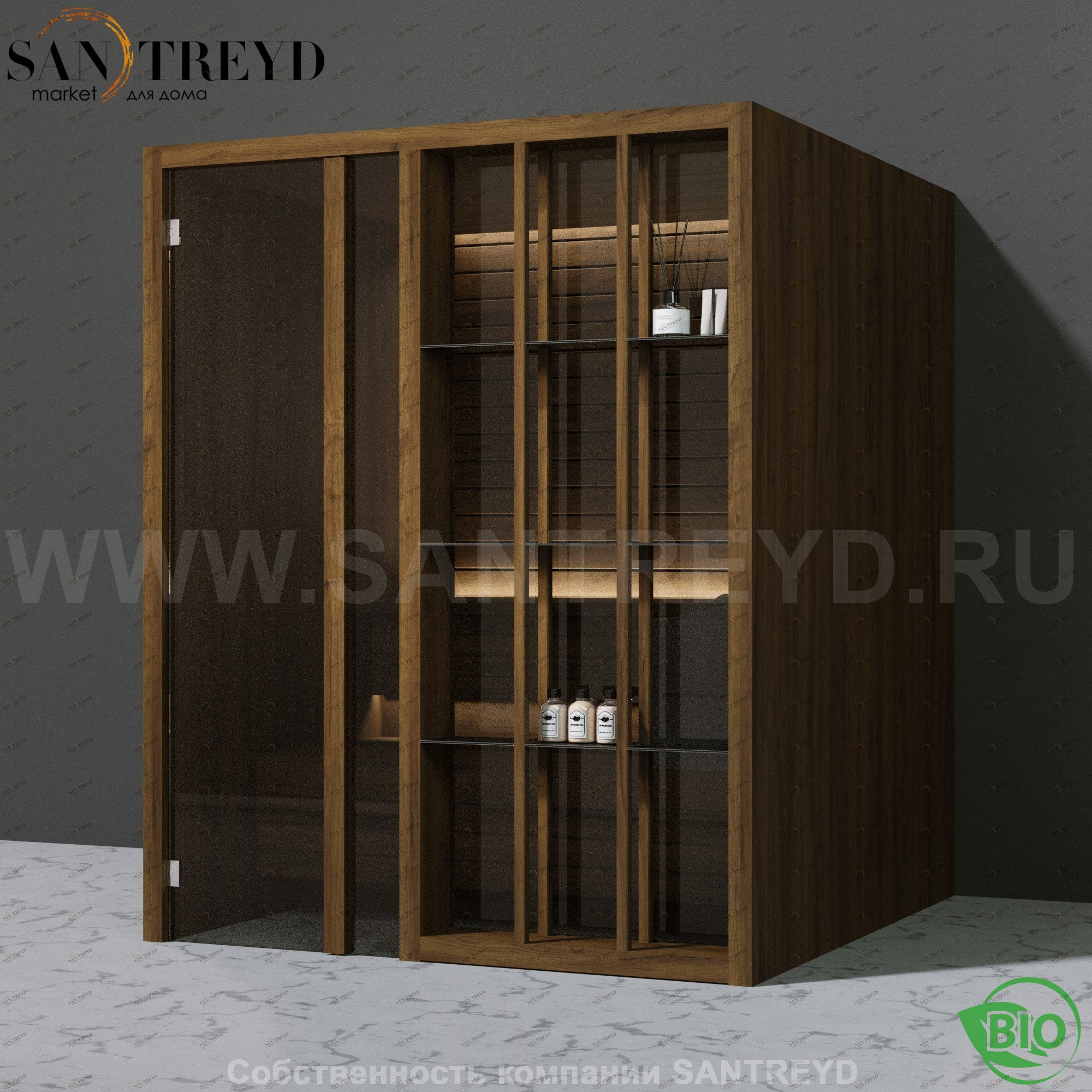 Effegibi YOKU.S60 BI.70100014 Био-сауна с левой дверью. Мощность: 6 кВт макс. Размеры: длина 174 см, ширина 170 см. Отделка: чёрный орех BI70100014