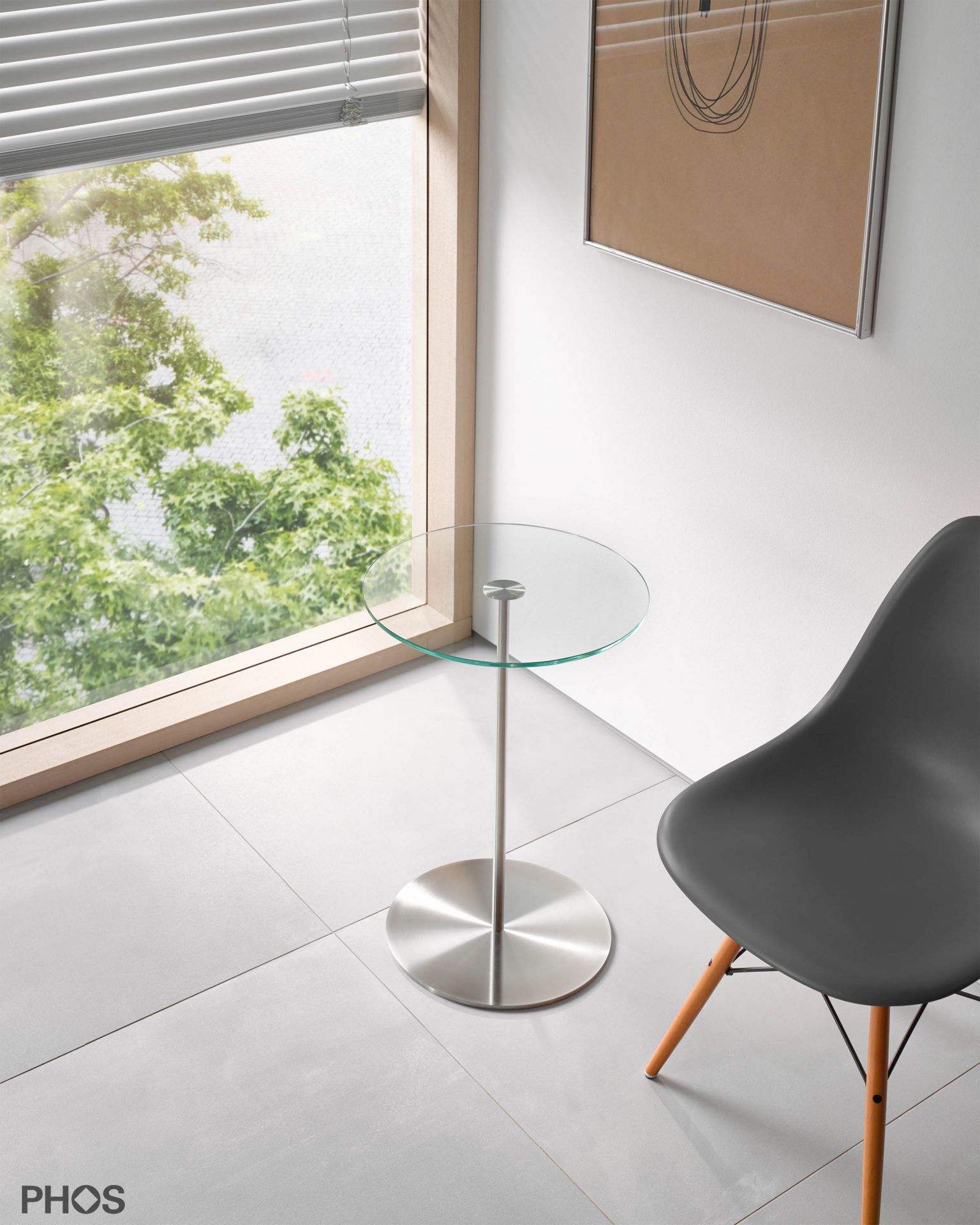 BT600G-E Приставной столик со стеклянной полкой, высота 60 см, основание: нержавеющая сталь. PHOS  - Вид №1