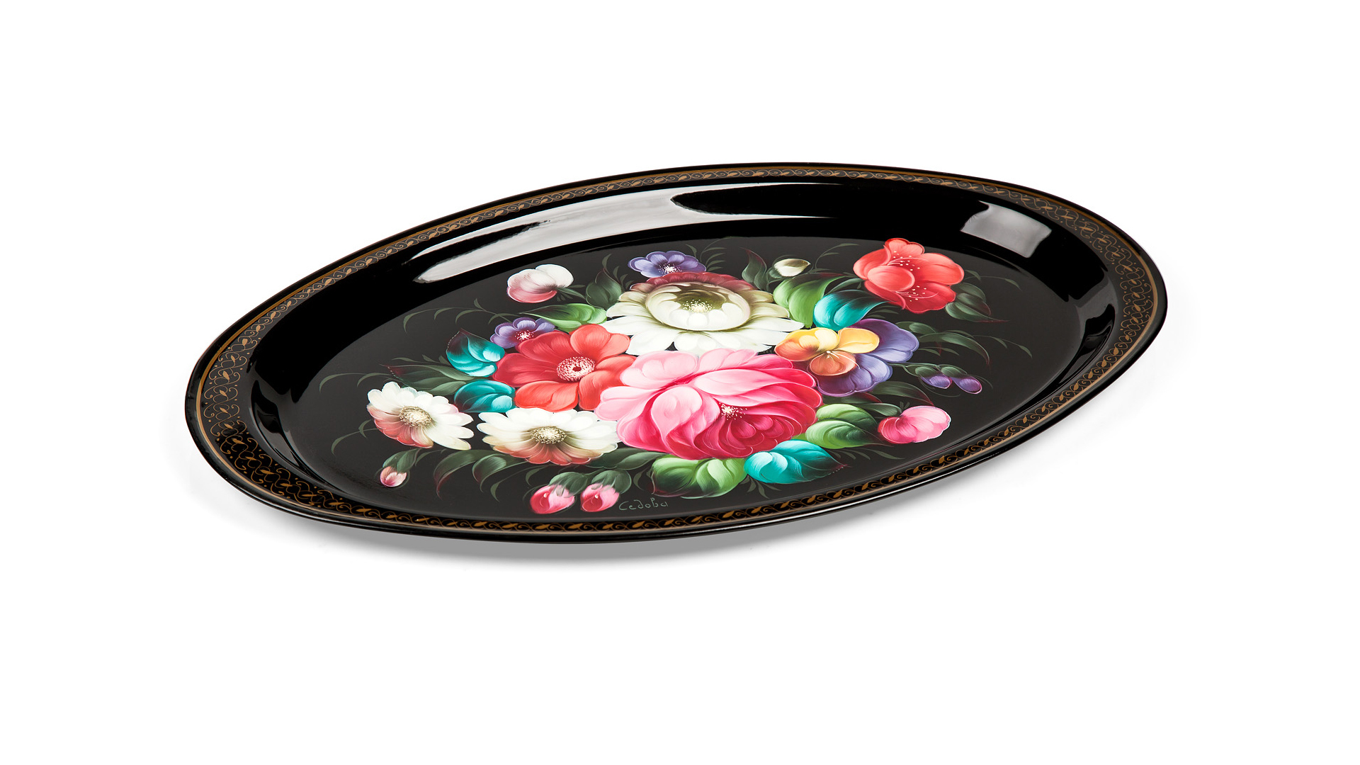 10618047 Жостовская фабрика декоративной росписи Поднос 41х25см НХПР "Цветы" Сталь  - Вид №1